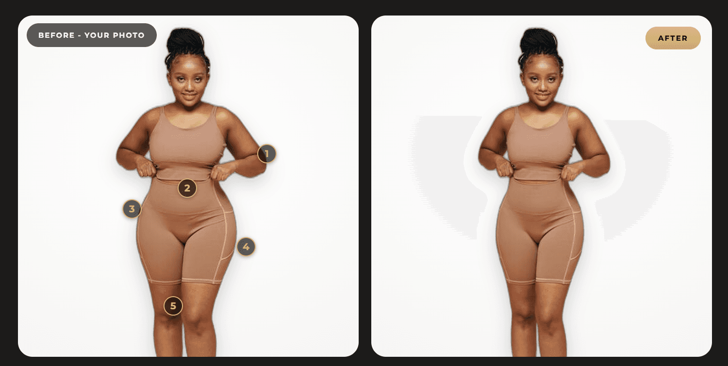 Free AI Body Analysis — an illustrative before-and-after body-contour read with five numbered focus zones, on a white studio backdrop