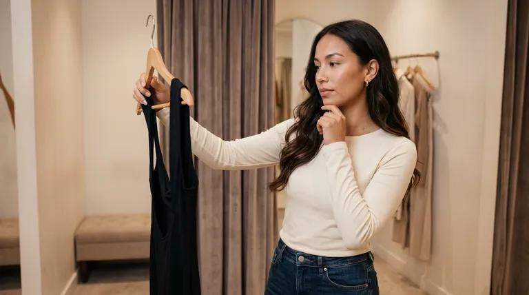 Woman in a boutique fitting room considering a backless black dress on a hanger.