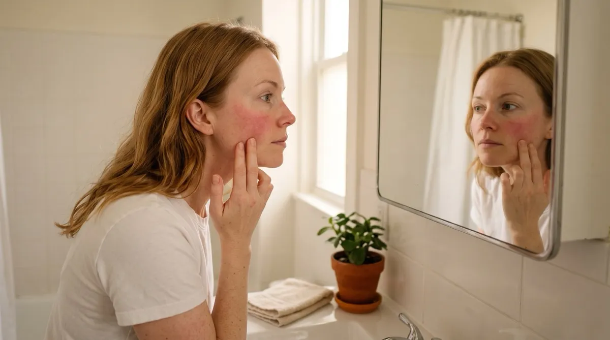 Woman looking closely at persistent facial redness on her cheeks in a bathroom mirror in Brooklyn.
