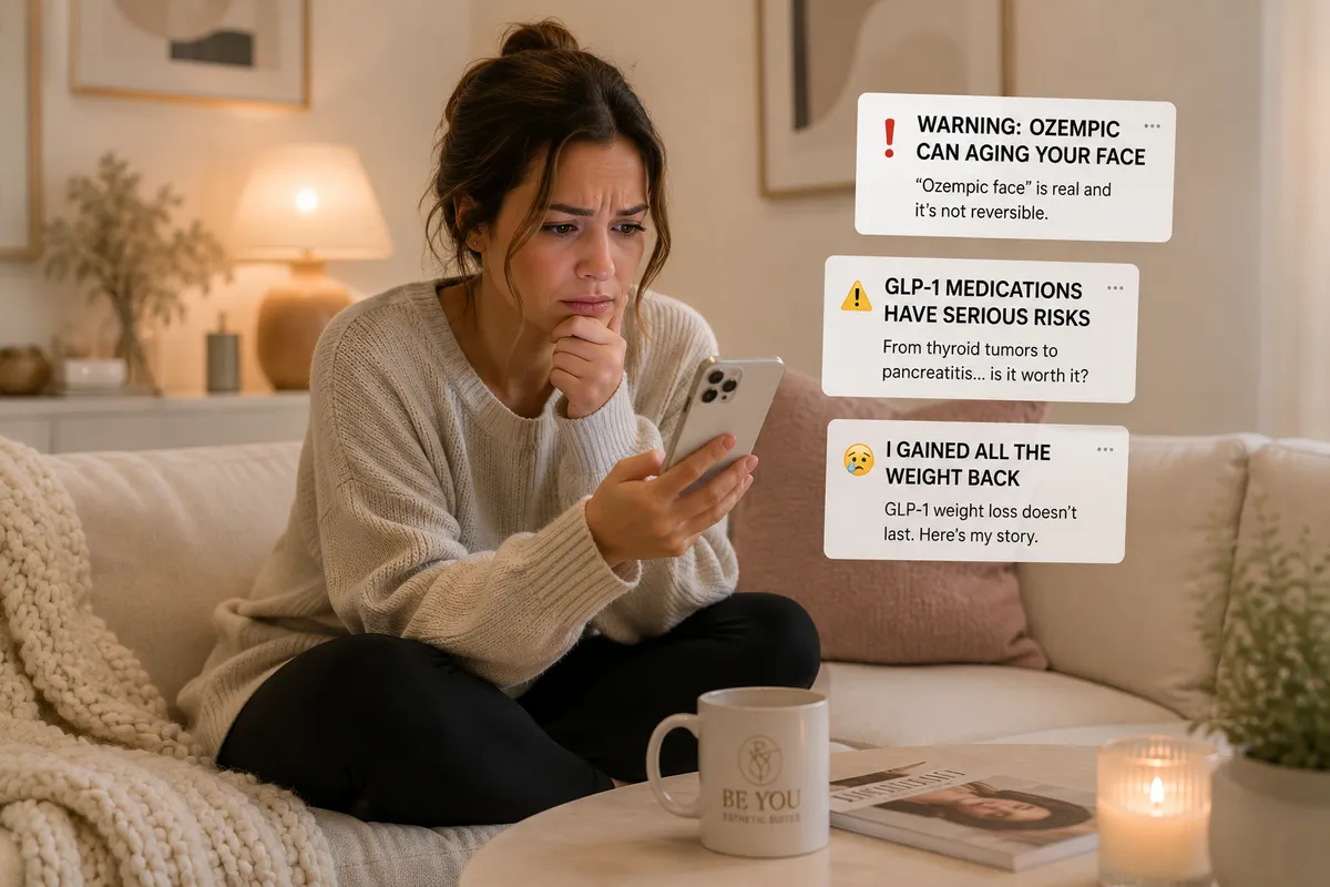 Concerned woman reading alarming GLP-1 and Ozempic weight loss rumors and myths on her phone, misconceptions addressed by Be You Esthetic Suites in Brooklyn, NY.