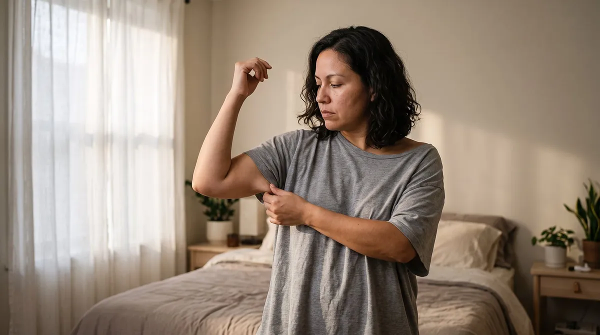 Woman in an oversized t-shirt pinching loose skin on her upper arm after GLP-1 weight loss, considering loose skin treatment