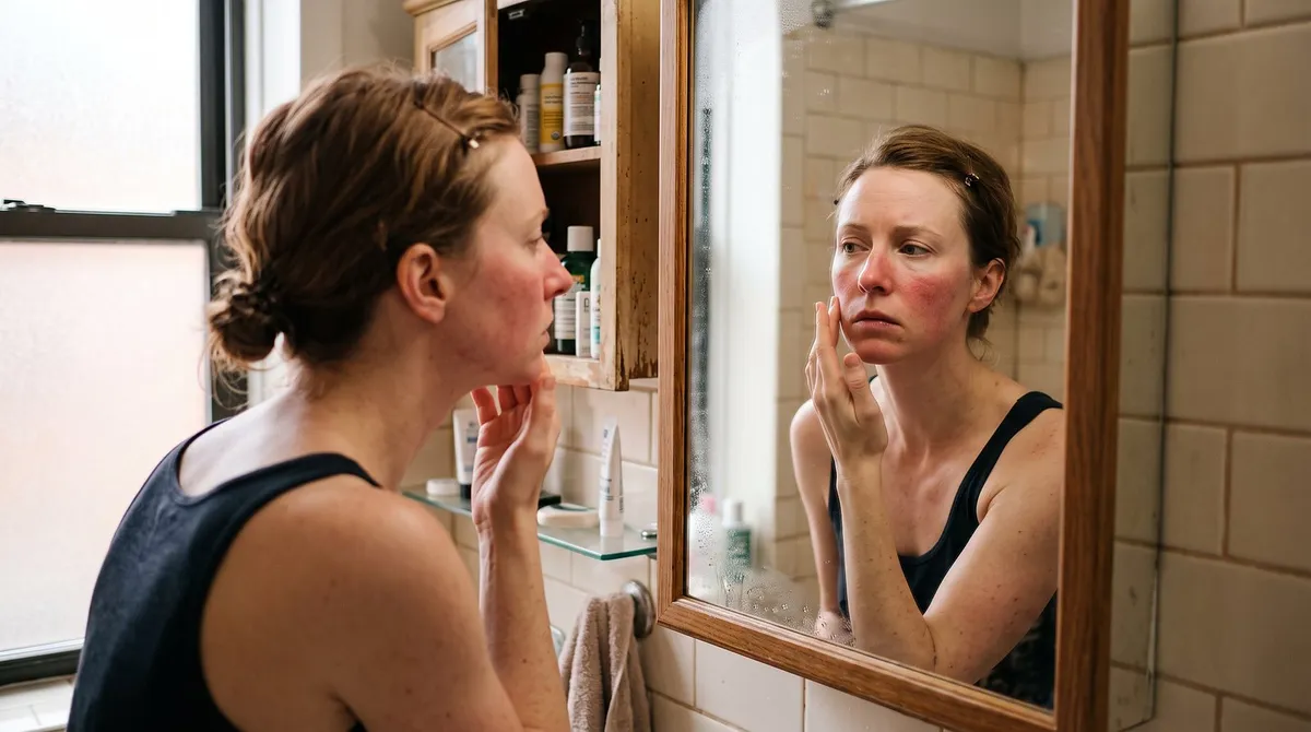 Woman touching flushed, reactive red cheeks in her bathroom mirror before booking sensitive skin facials