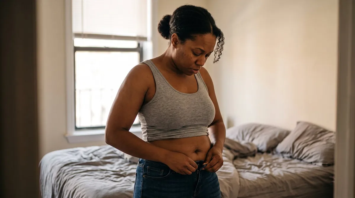 Woman buttoning her jeans and looking down at stubborn belly fat that has not responded to diet and exercise