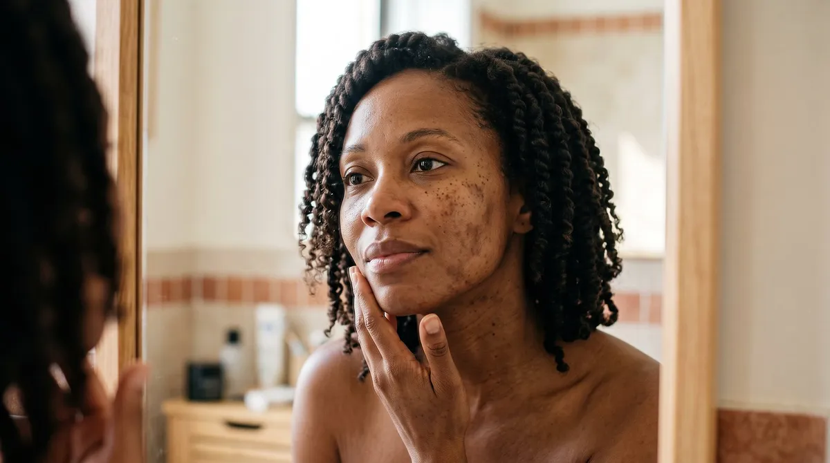 Woman studying sunspots and uneven skin tone on her cheek in a Brooklyn bathroom mirror before sun damage treatment