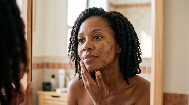 Woman studying sunspots and uneven skin tone on her cheek in a Brooklyn bathroom mirror before sun damage treatment