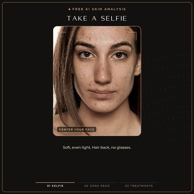 How the Free AI Skin Analysis works: take a selfie, the AI reads your skin zone by zone (forehead and T-zone, around the nose, cheeks, chin and jawline), then recommends treatments